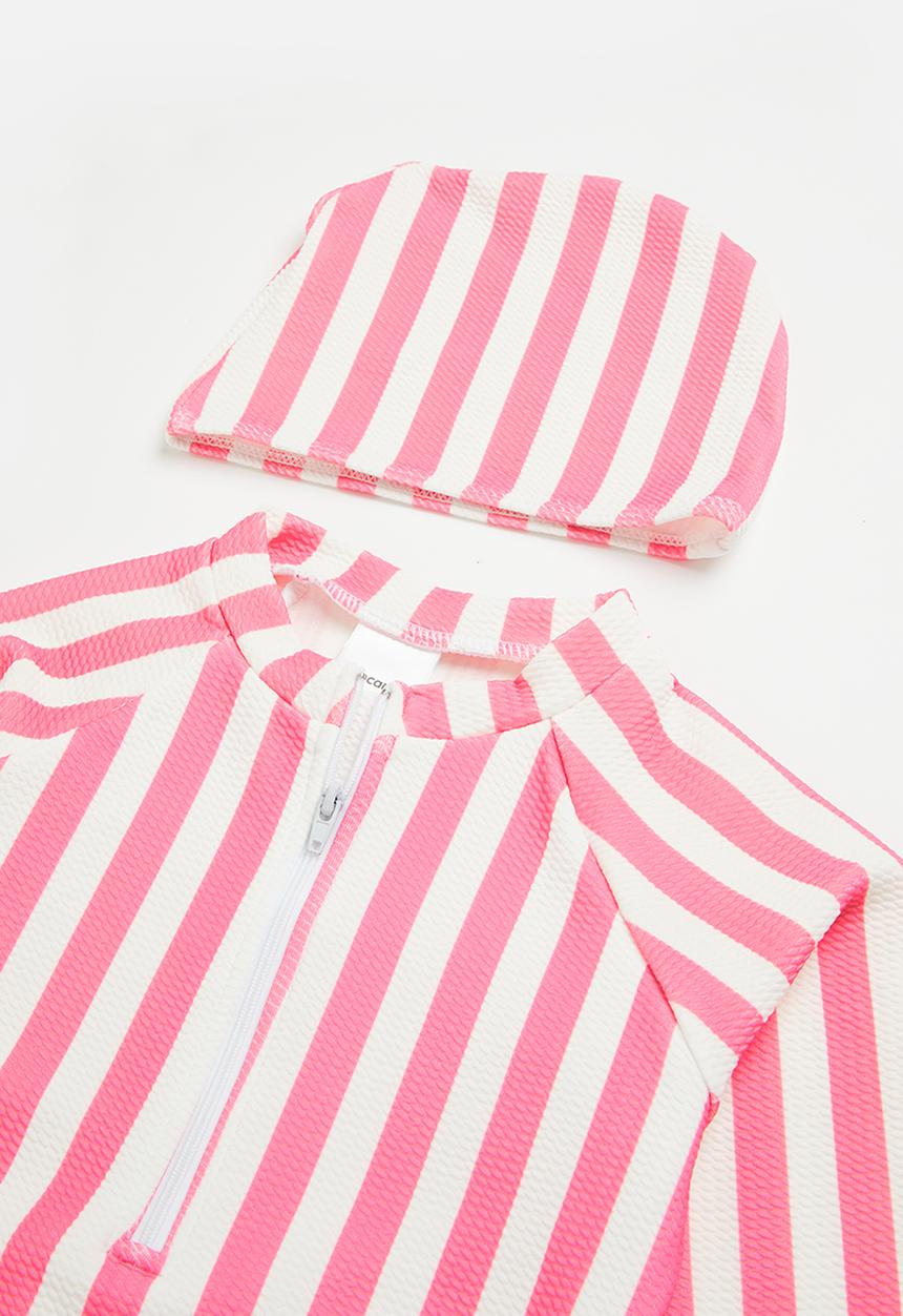 Pop Candy - Girls stripe swimsuit with zip - pink & white 