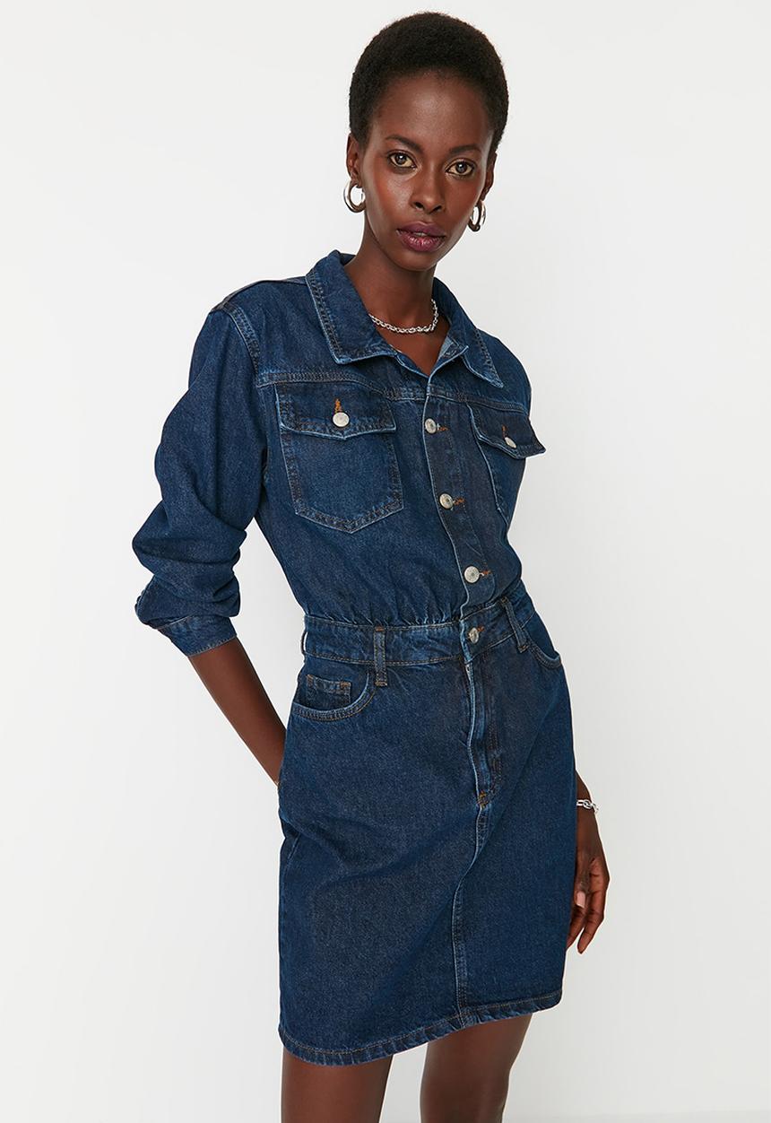 Trendyol - Long sleeve denim shirt dress - blue