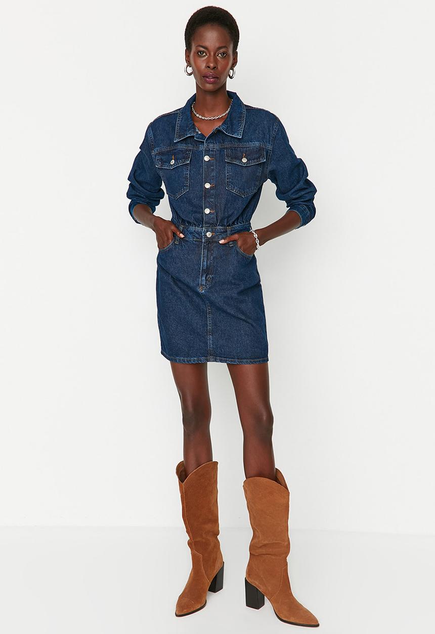 Trendyol - Long sleeve denim shirt dress - blue