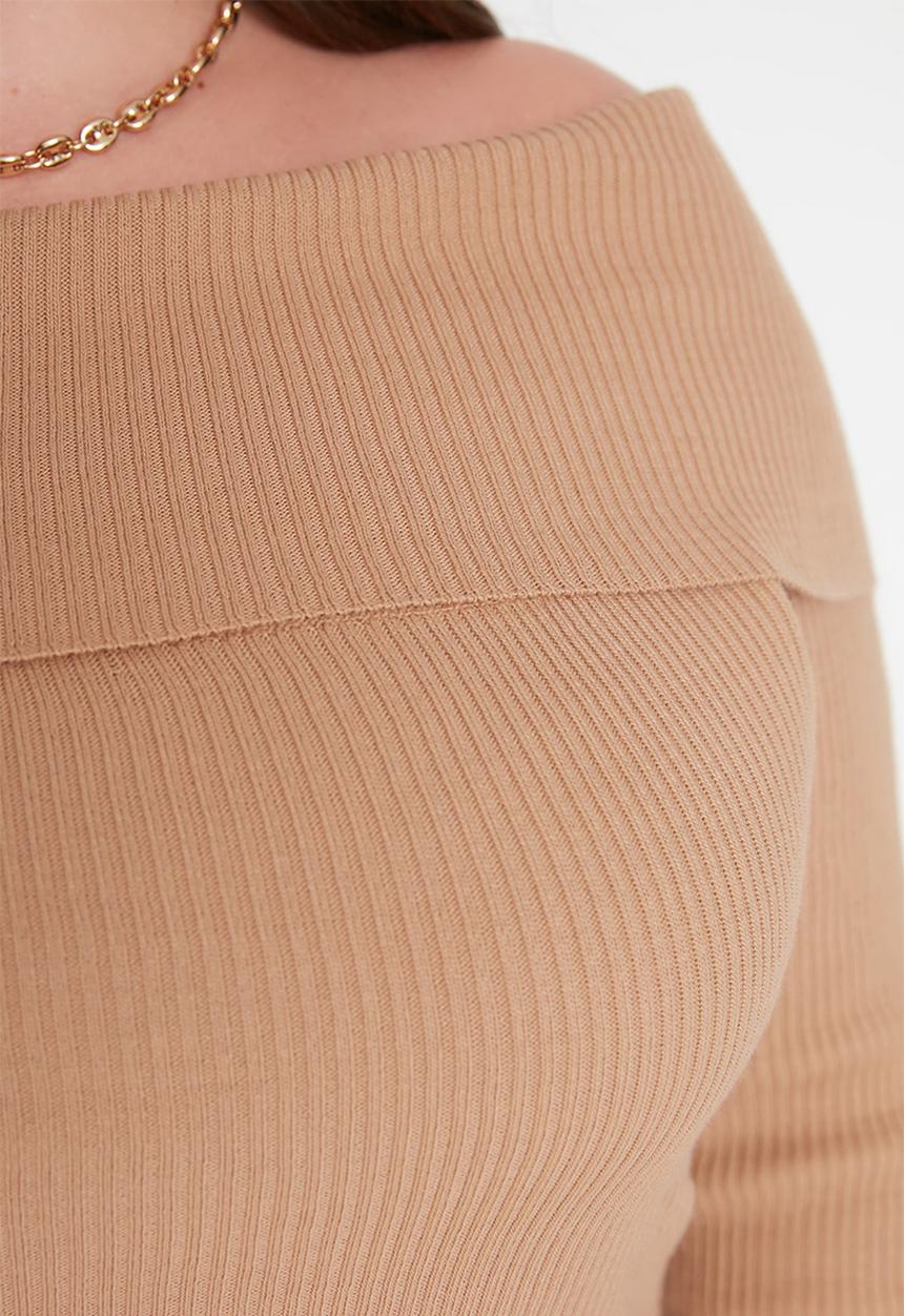 Trendyol - Plus off shoulder knit dress - stone