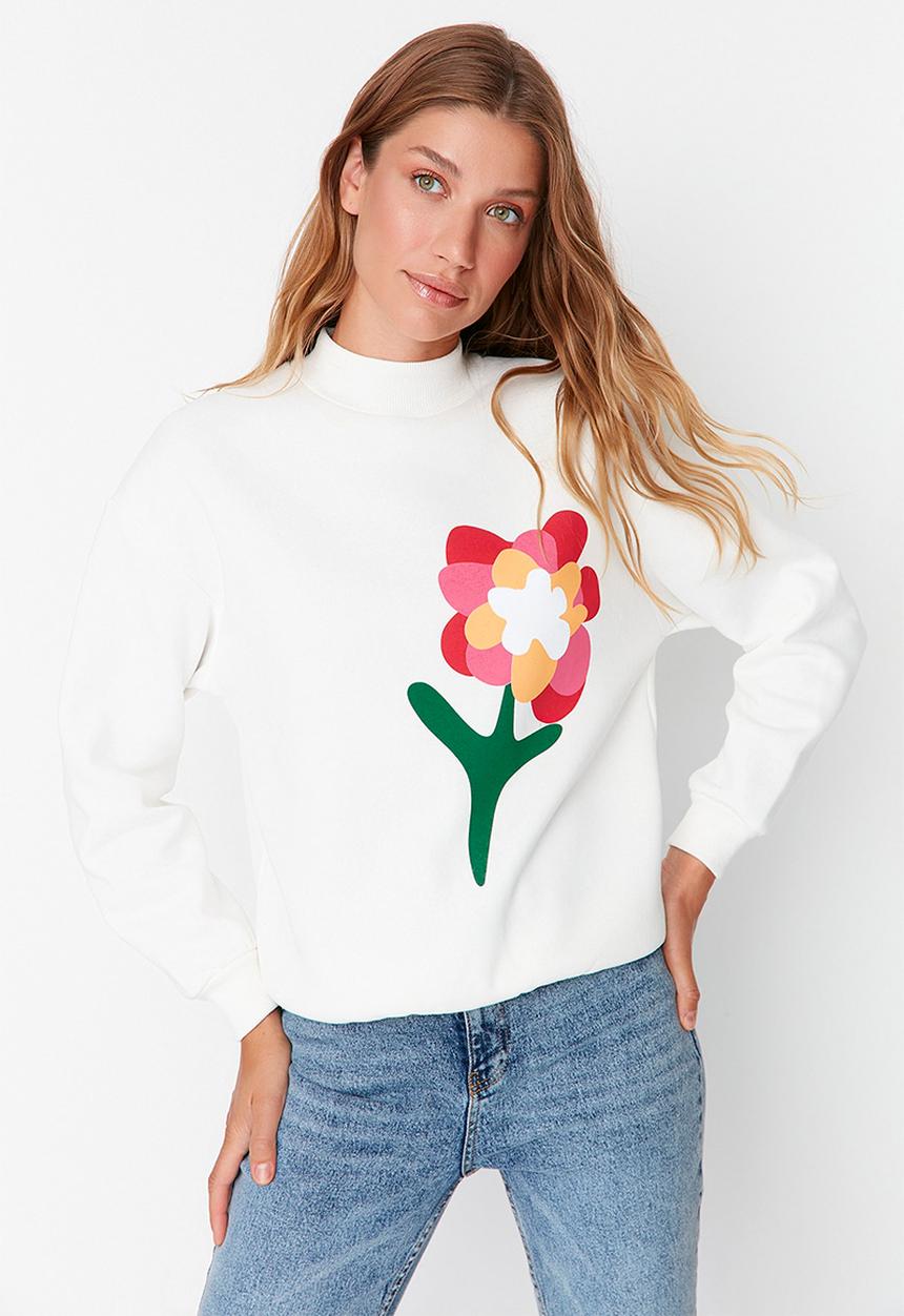 Trendyol - Flower print sweatshirt - white