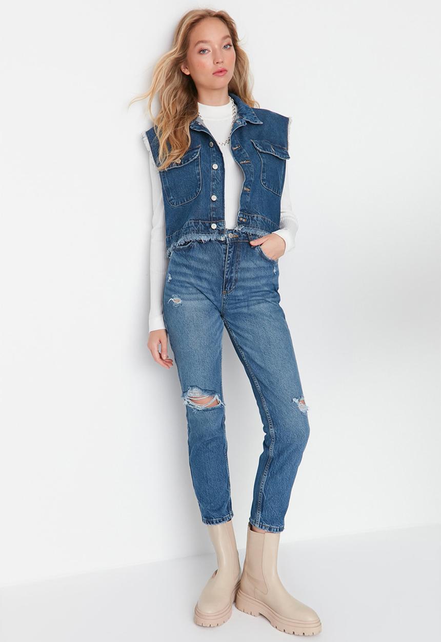 Trendyol - Ripped high waist mom jeans - blue