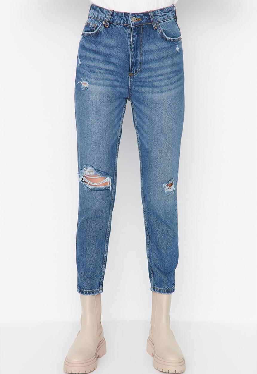 Trendyol - Ripped high waist mom jeans - blue