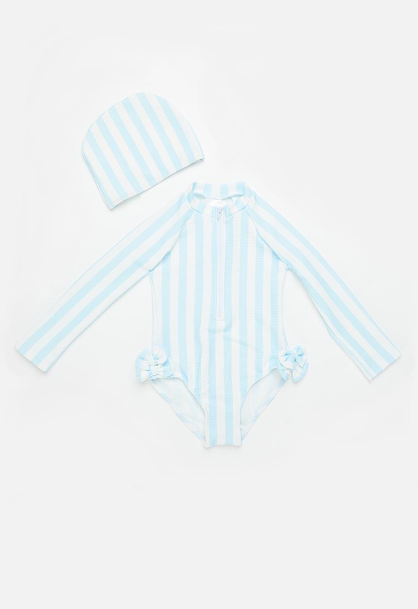 Pop Candy - Girls stripe swimsuit with zip - blue