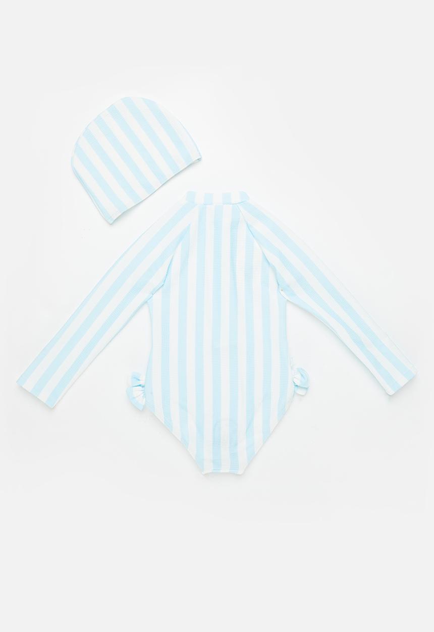 Pop Candy - Girls stripe swimsuit with zip - blue