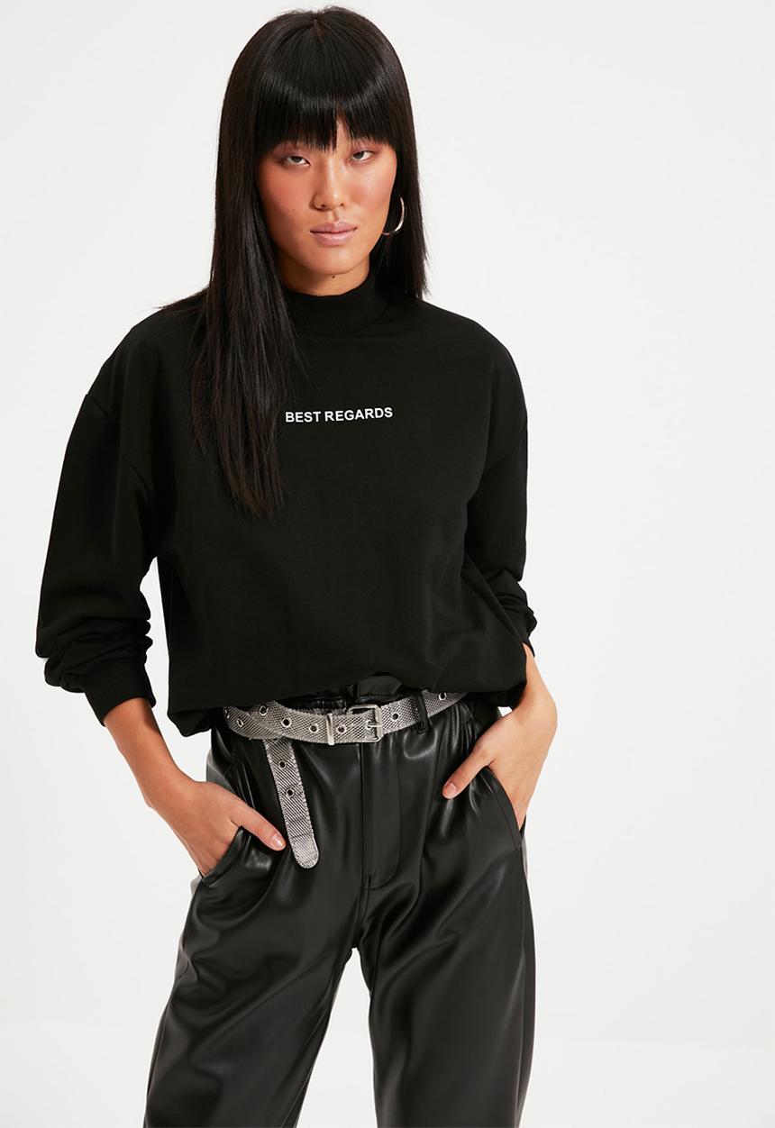 Trendyol - High neck crop knit sweatshirt - black