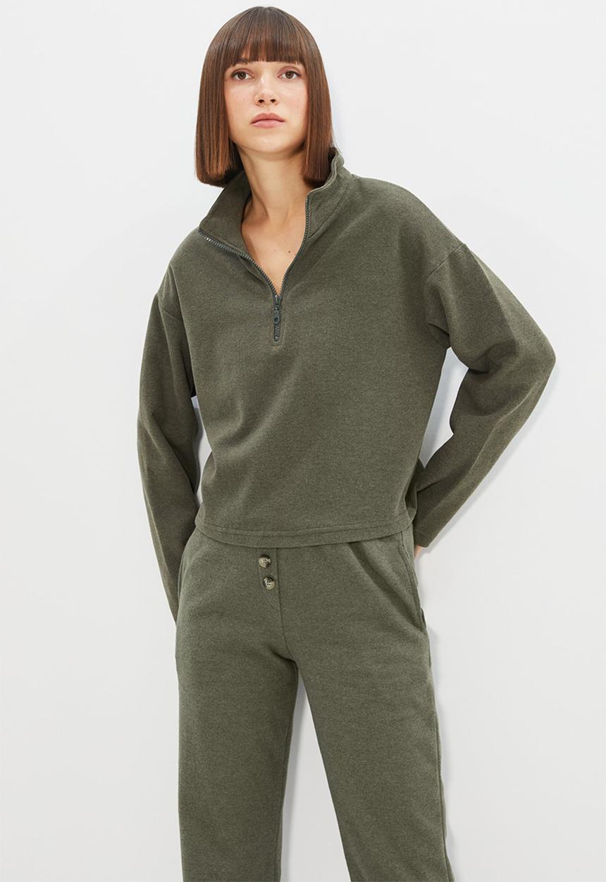 Trendyol - Zippered sweatshirt - khaki