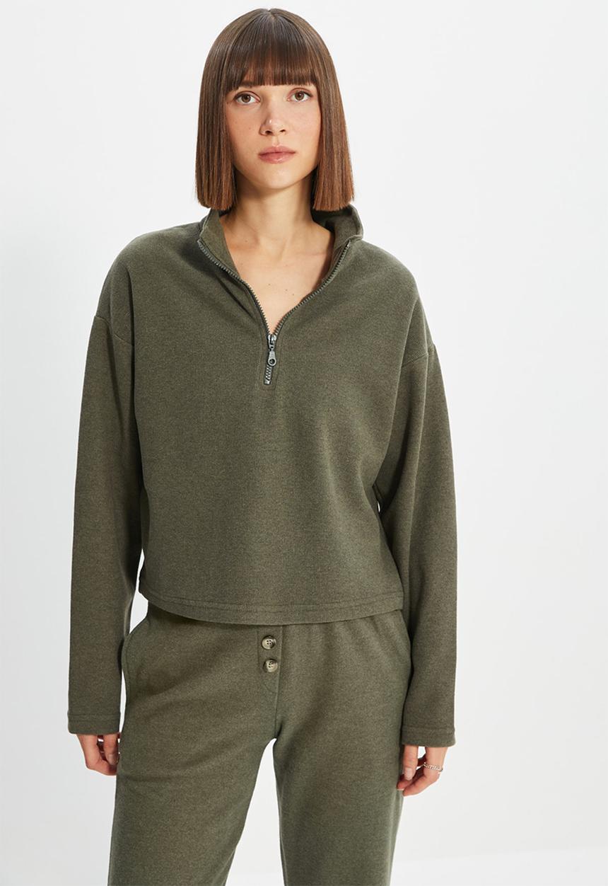 Trendyol - Zippered sweatshirt - khaki