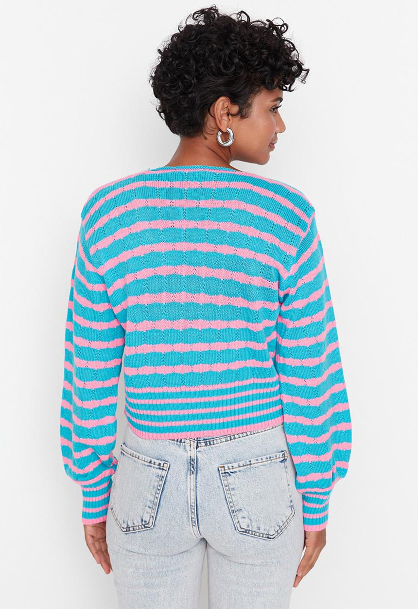 Trendyol - Striped knit crop sweater - blue