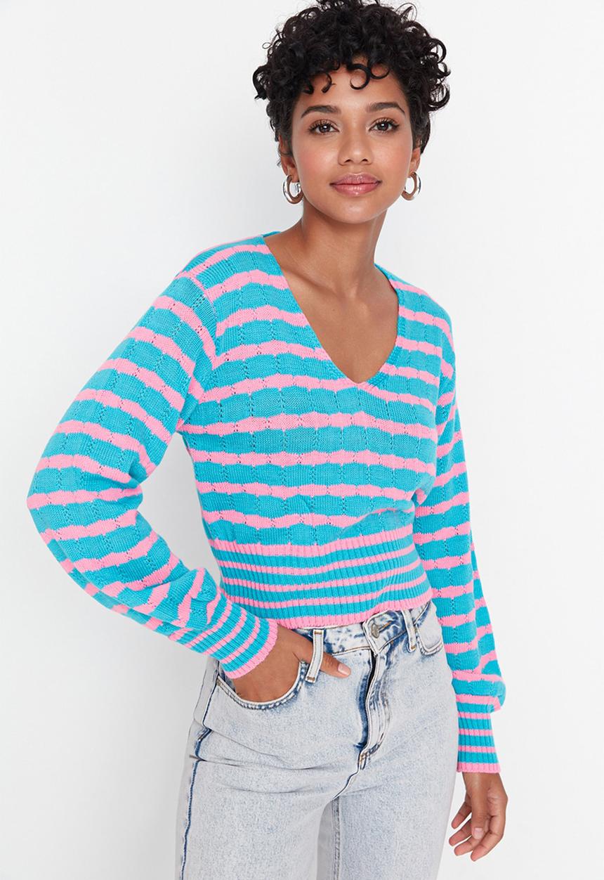 Trendyol - Striped knit crop sweater - blue