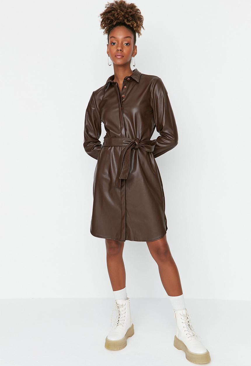 Trendyol - Faux leather belted shirt dress - brown