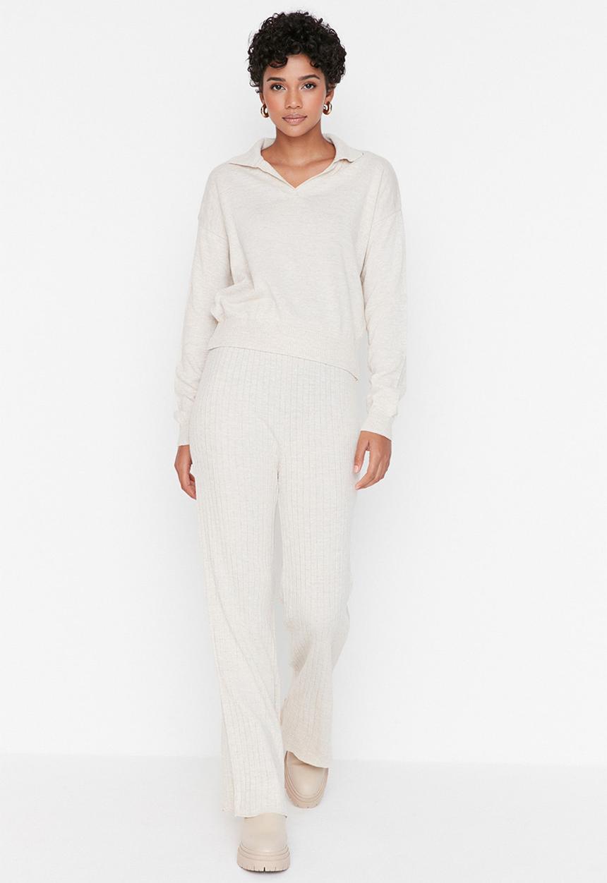 Trendyol - Polo collar knit two-piece set - stone