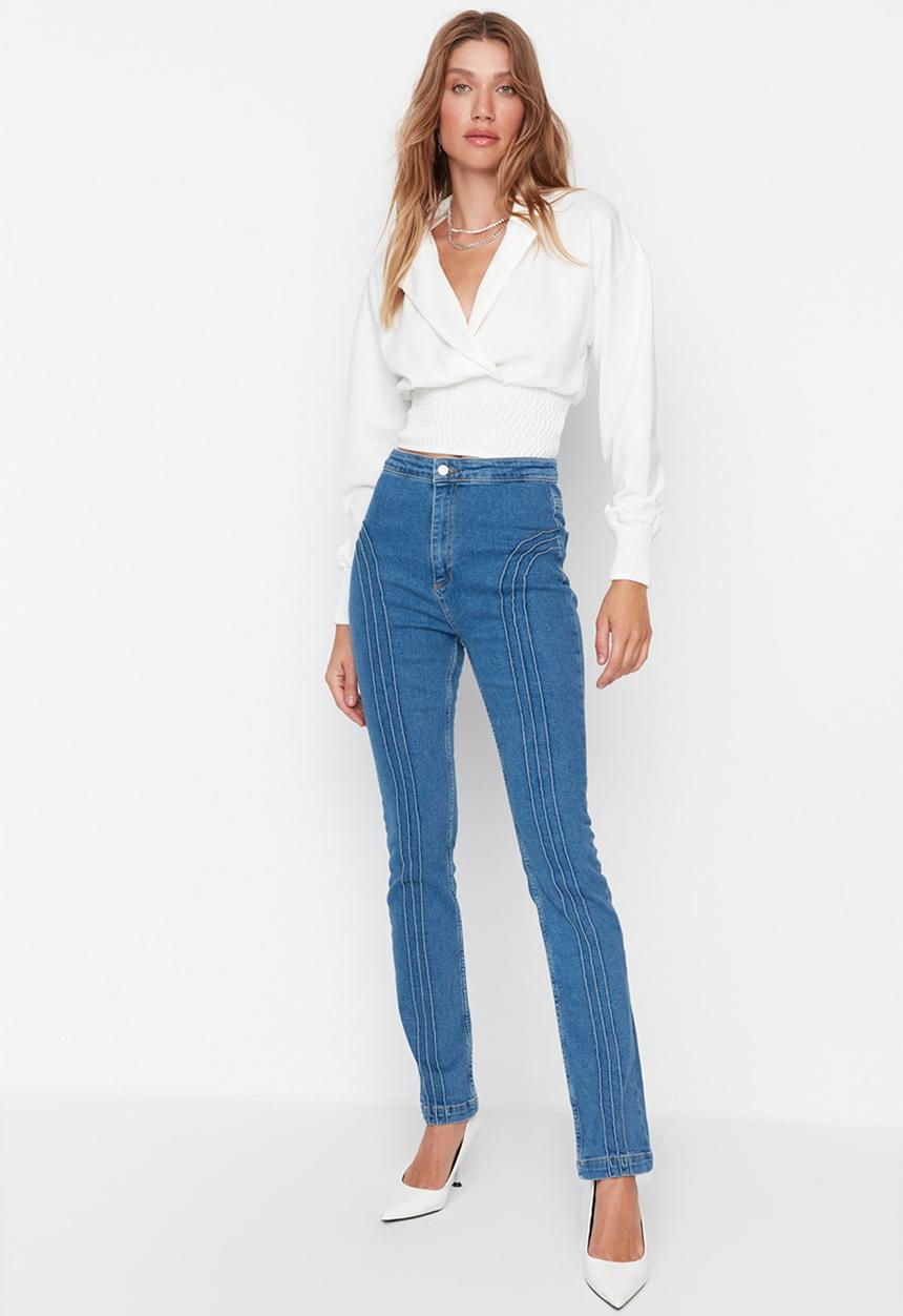 Trendyol - Stitch detail high waist slim jeans - blue