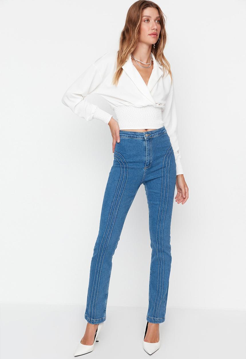 Trendyol - Stitch detail high waist slim jeans - blue