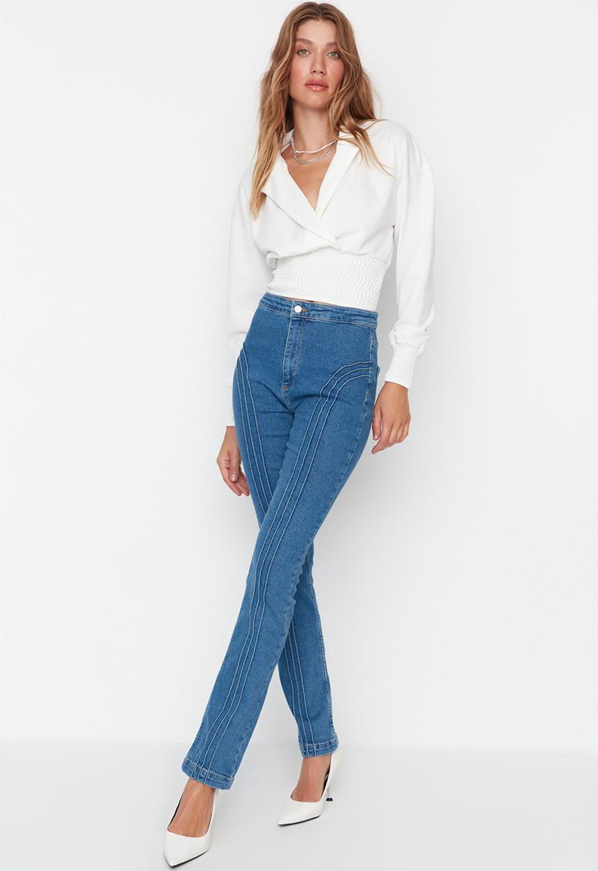 Trendyol - Stitch detail high waist slim jeans - blue