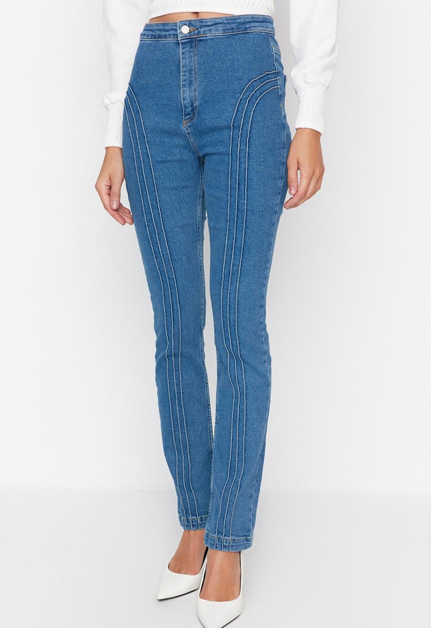 Trendyol - Stitch detail high waist slim jeans - blue