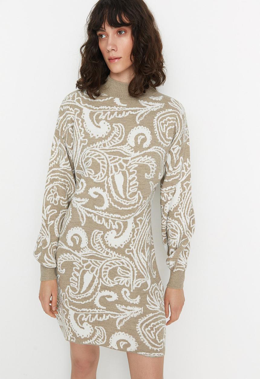 Trendyol - Patterned turtleneck dress - beige
