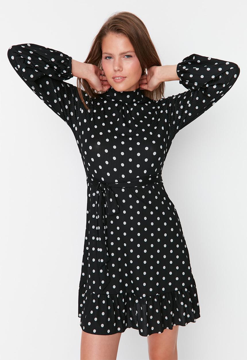 Trendyol - Ruffled low back print ribbed dress - black