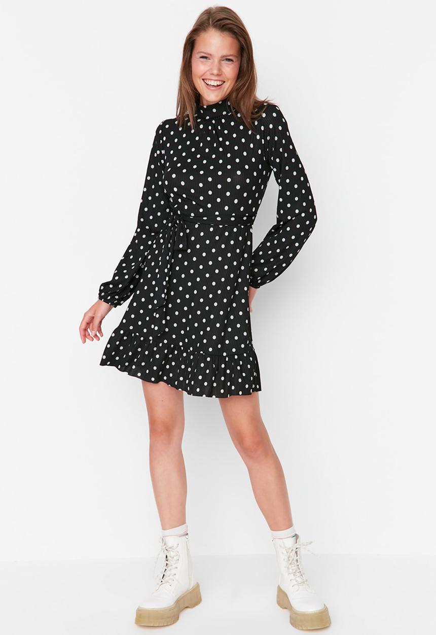 Trendyol - Ruffled low back print ribbed dress - black