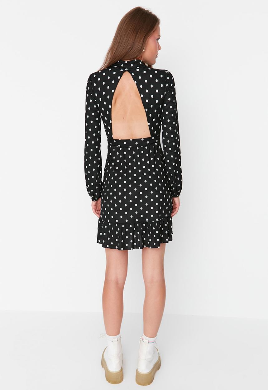 Trendyol - Ruffled low back print ribbed dress - black