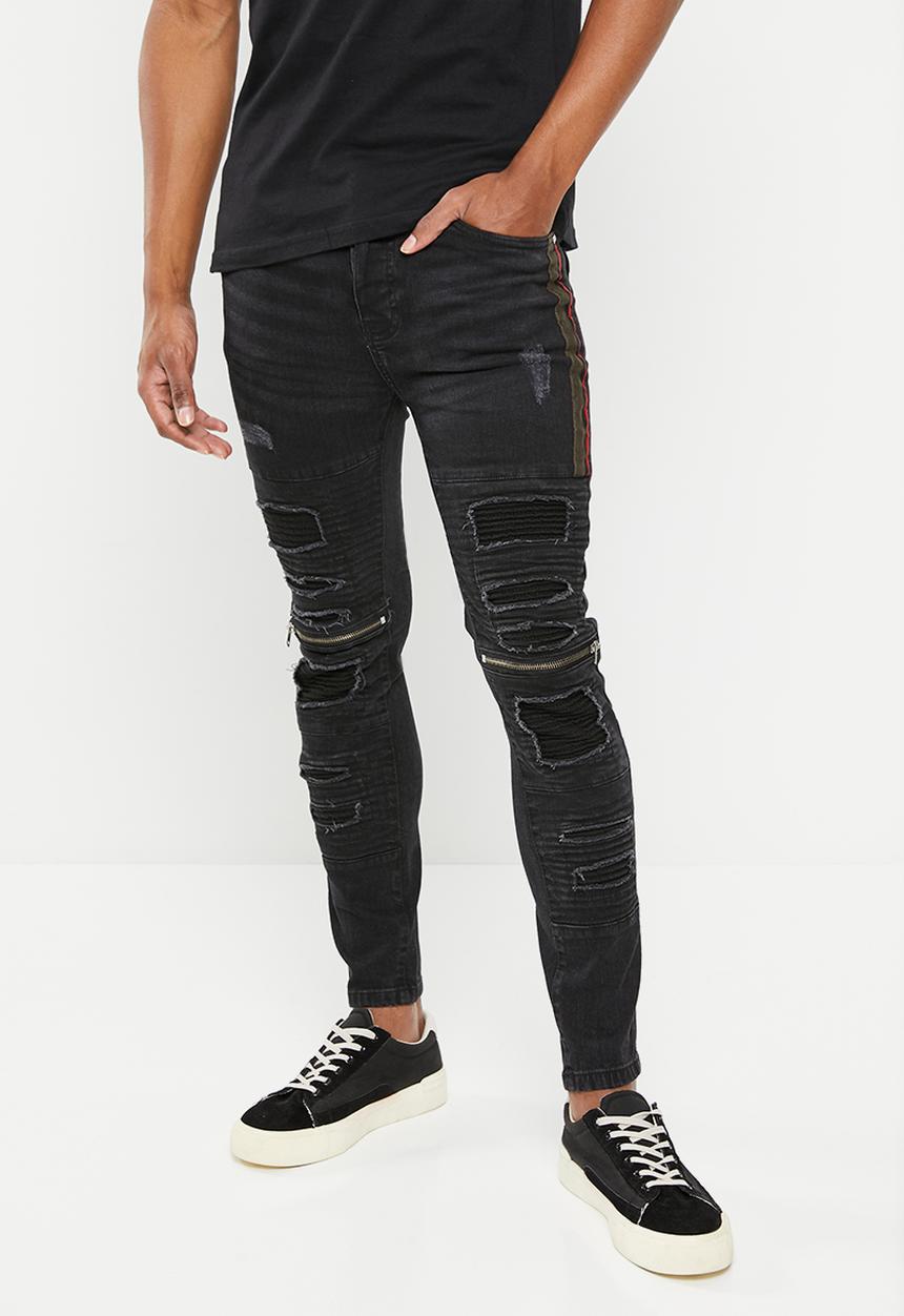 Brave Soul - Mjn-rubinstripe biker denim - black