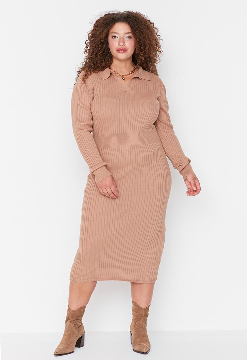 Trendyol - Plus polo neck sweater dress - brown