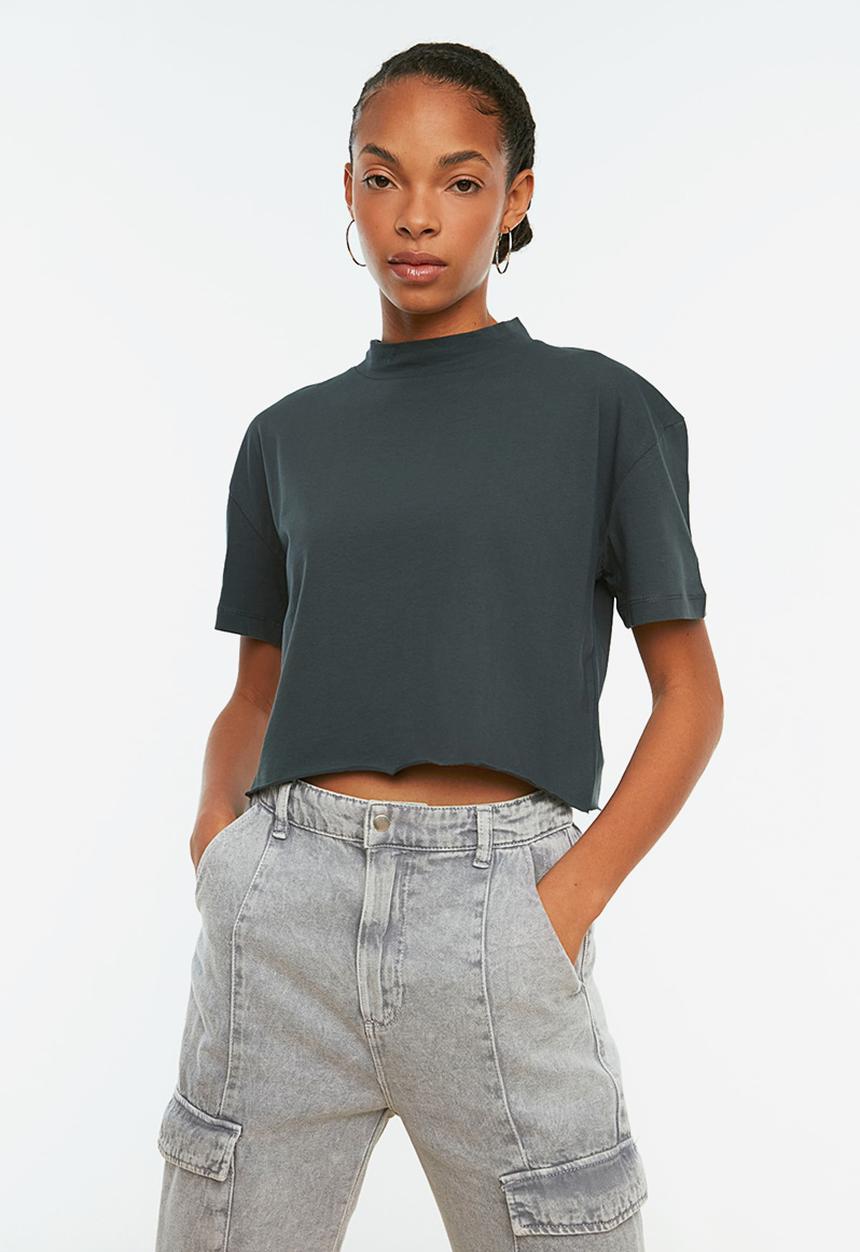 Trendyol - Round collar crop  T-shirt - anthracite