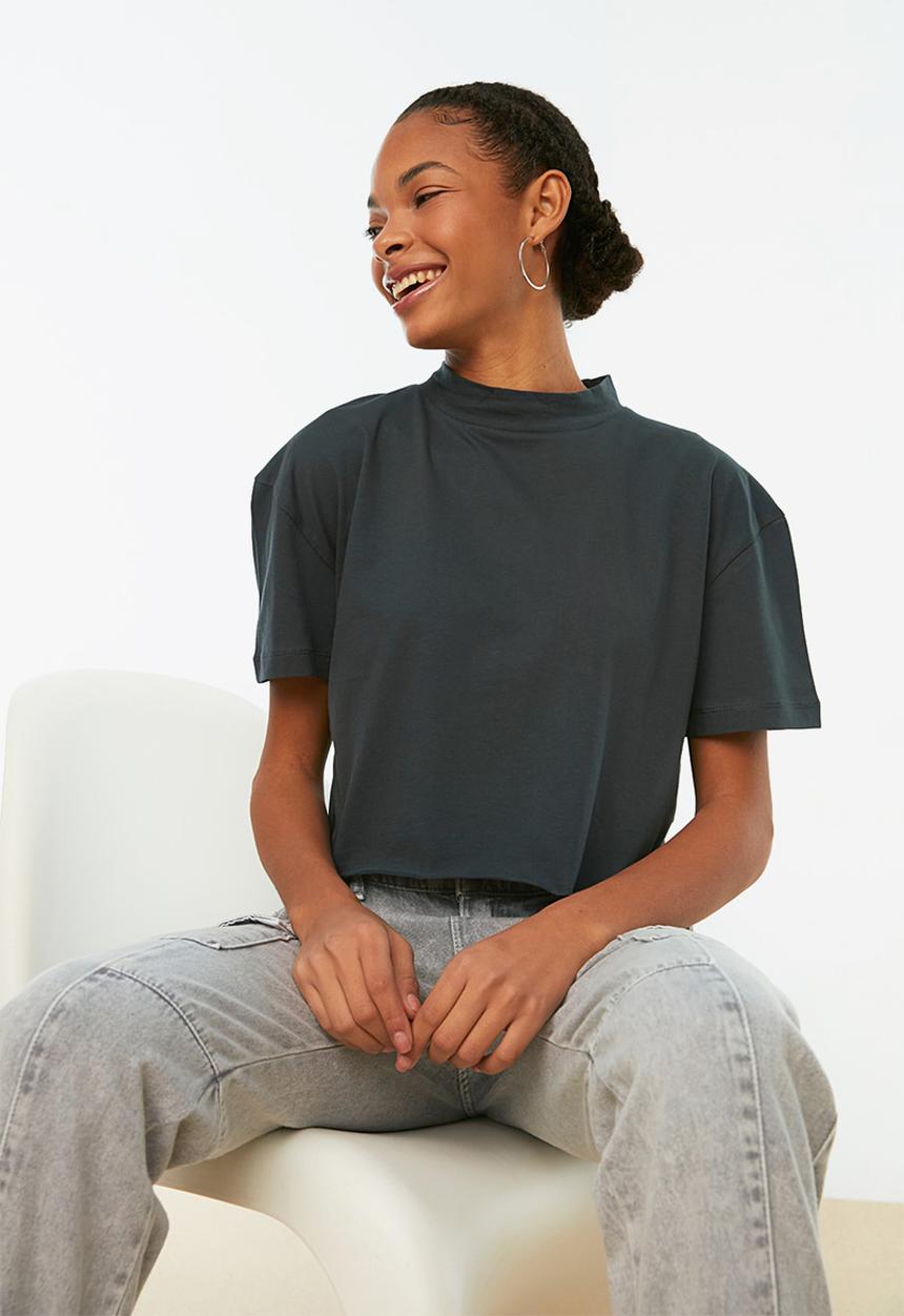 Trendyol - Round collar crop  T-shirt - anthracite