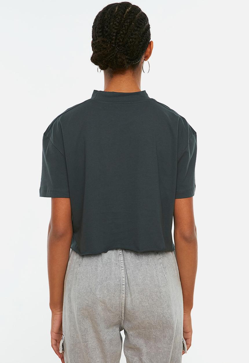 Trendyol - Round collar crop  T-shirt - anthracite