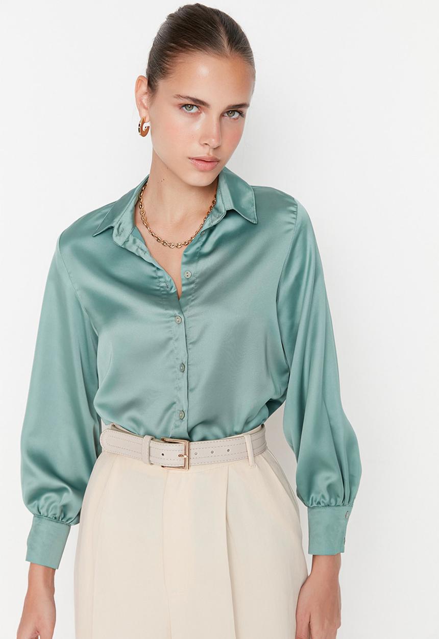 Trendyol - Basic satin shirt - green
