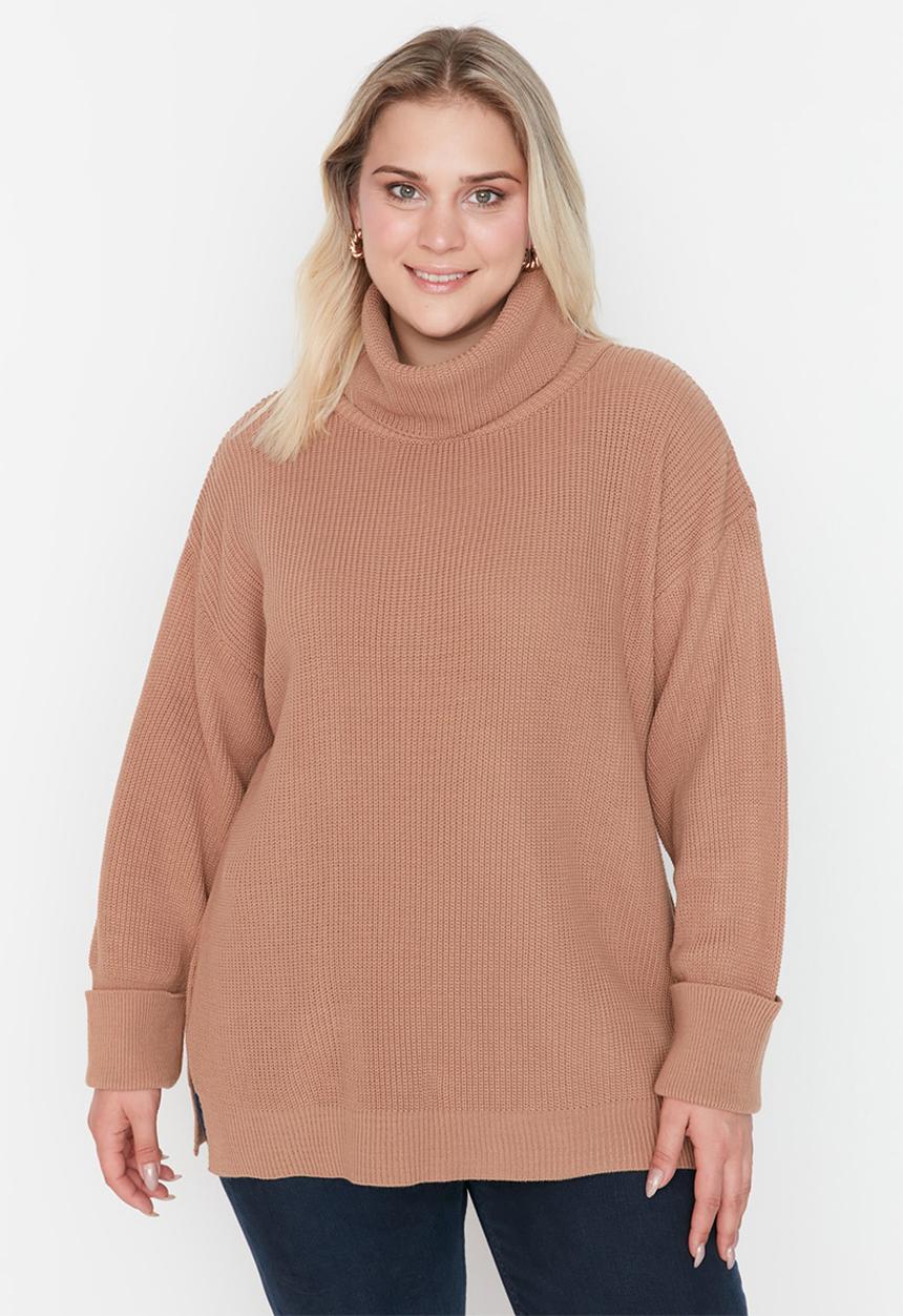 Trendyol - Plus turtleneck knit sweater - brown