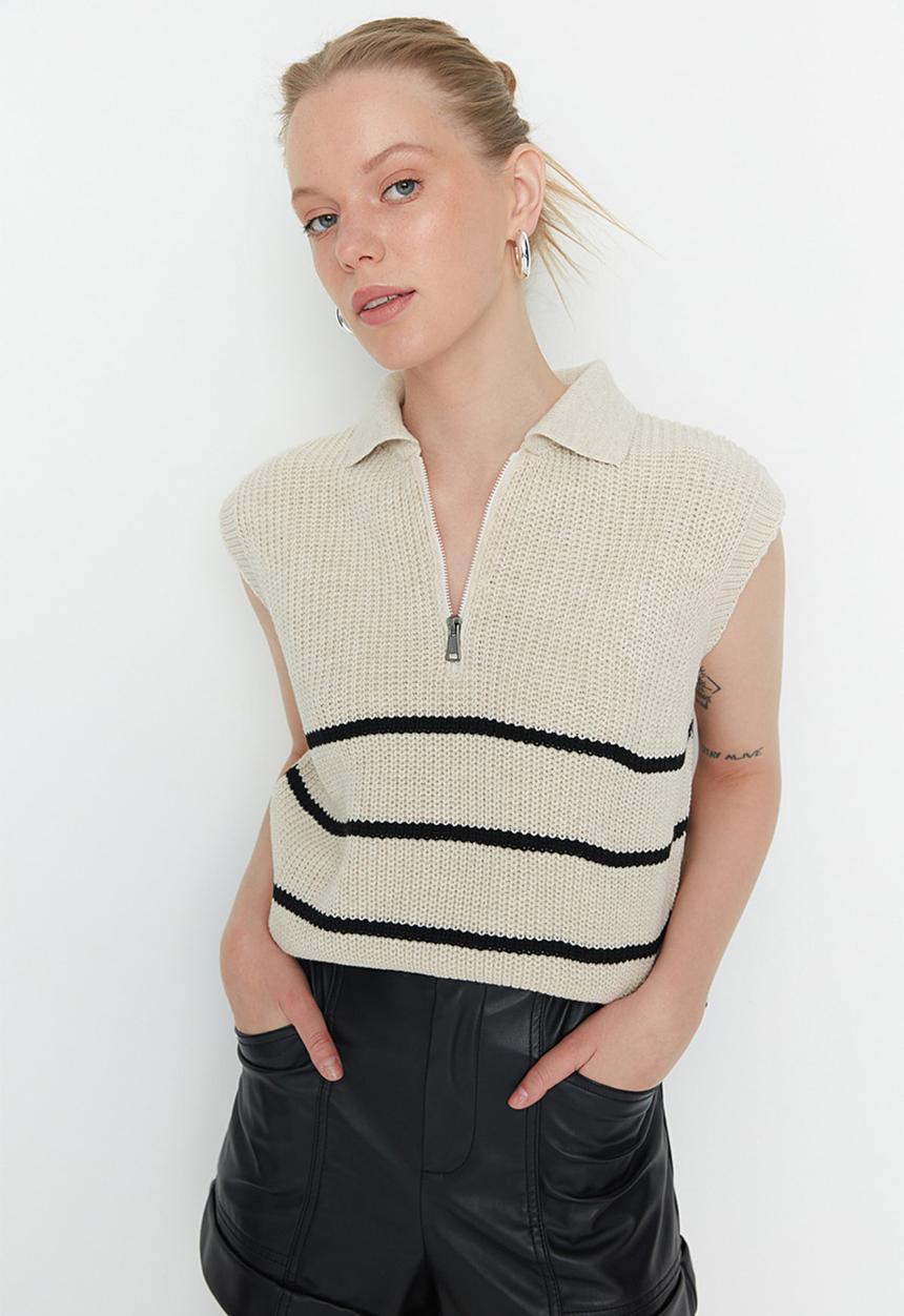 Trendyol - Striped zipper detail sweater vest - beige