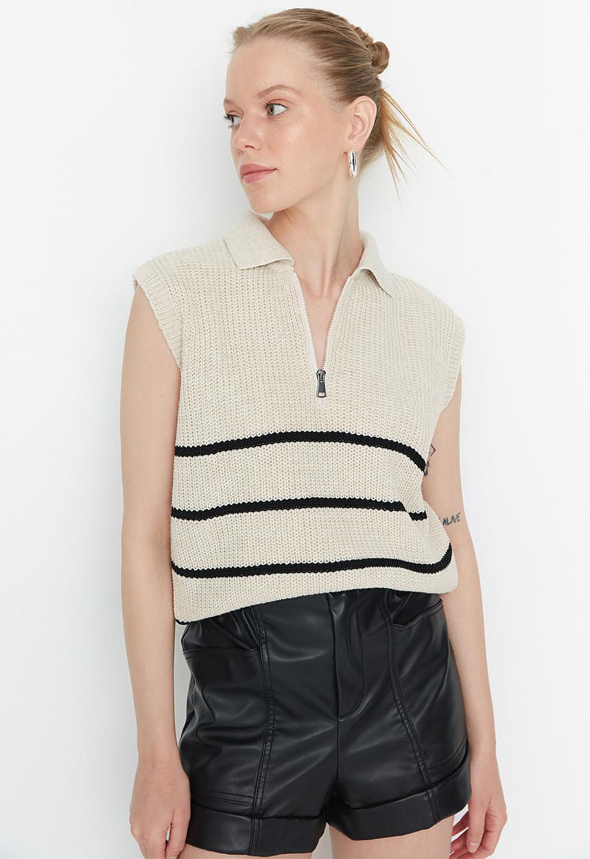Trendyol - Striped zipper detail sweater vest - beige