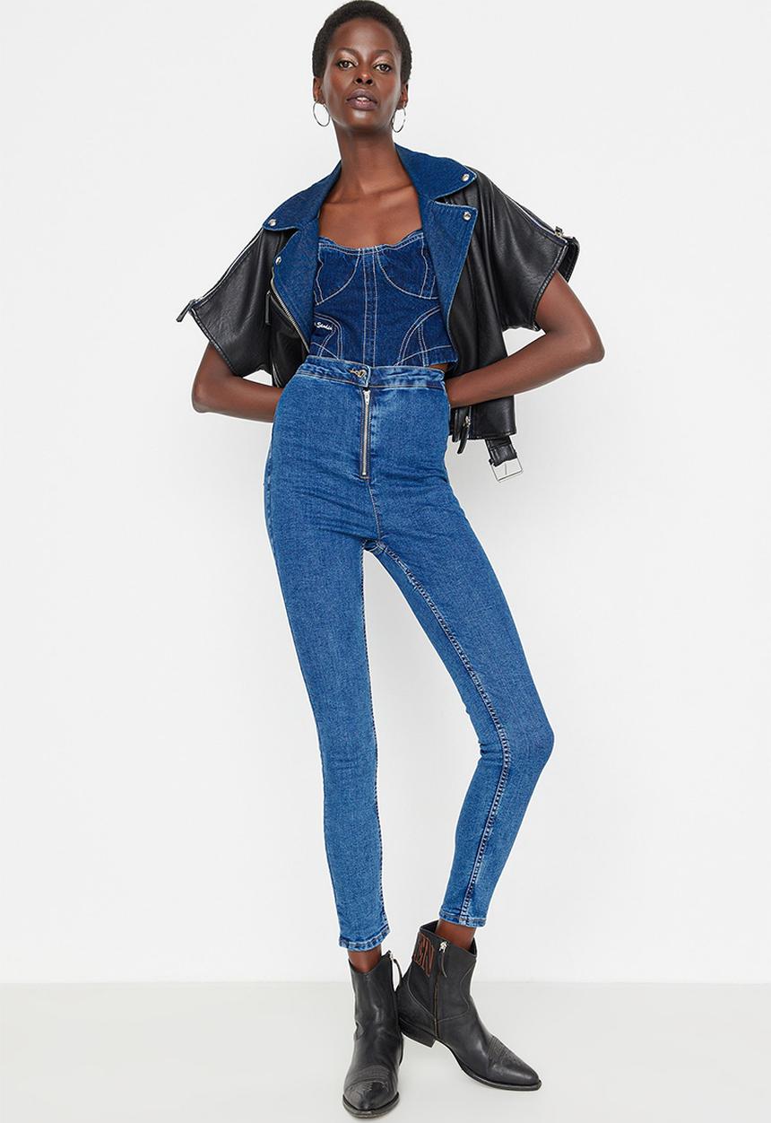 Trendyol - Zipper high waist skinny jeans - blue