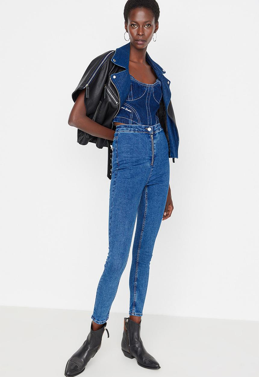 Trendyol - Zipper high waist skinny jeans - blue