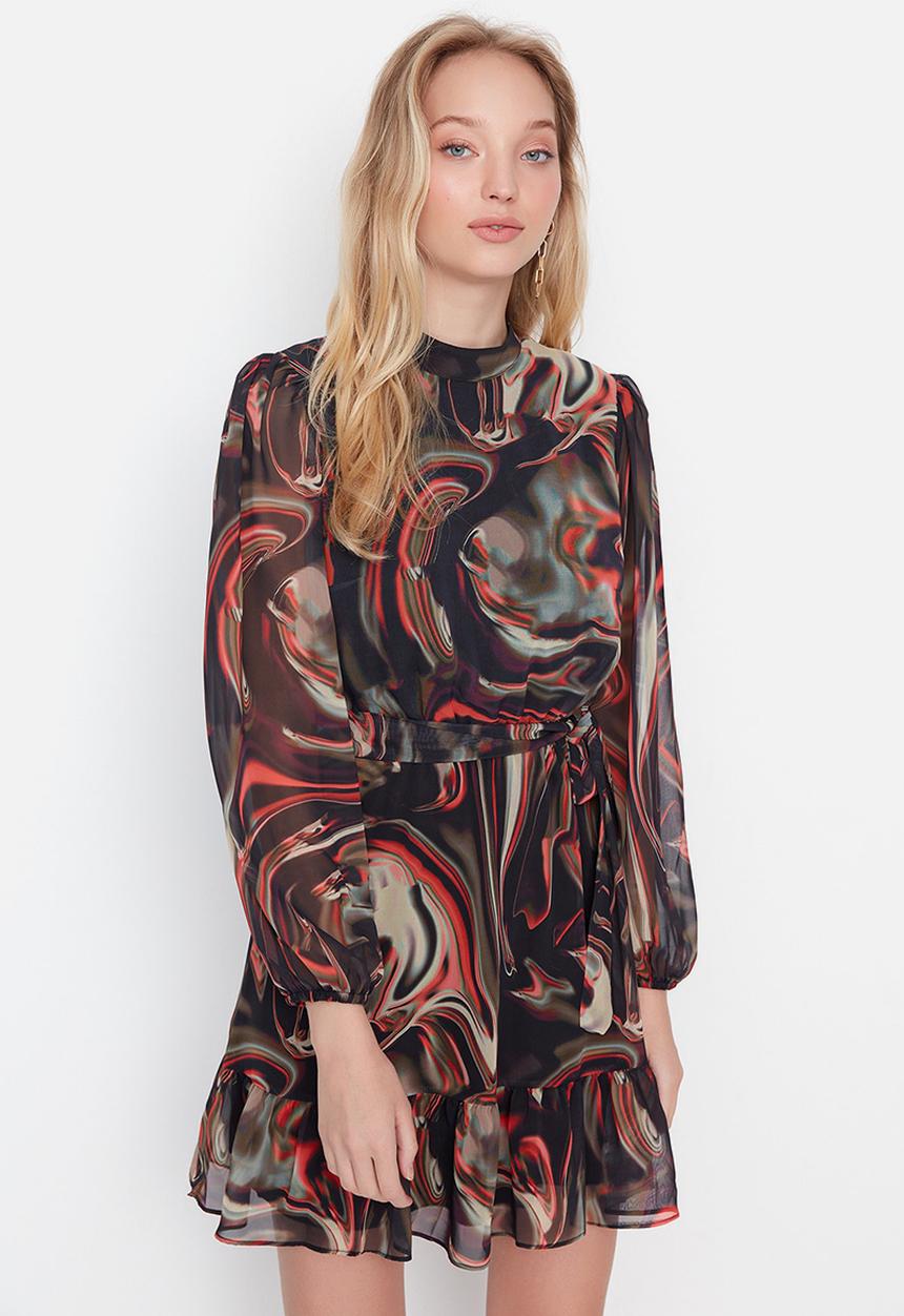 Trendyol - Belted ruffle skater dress - black