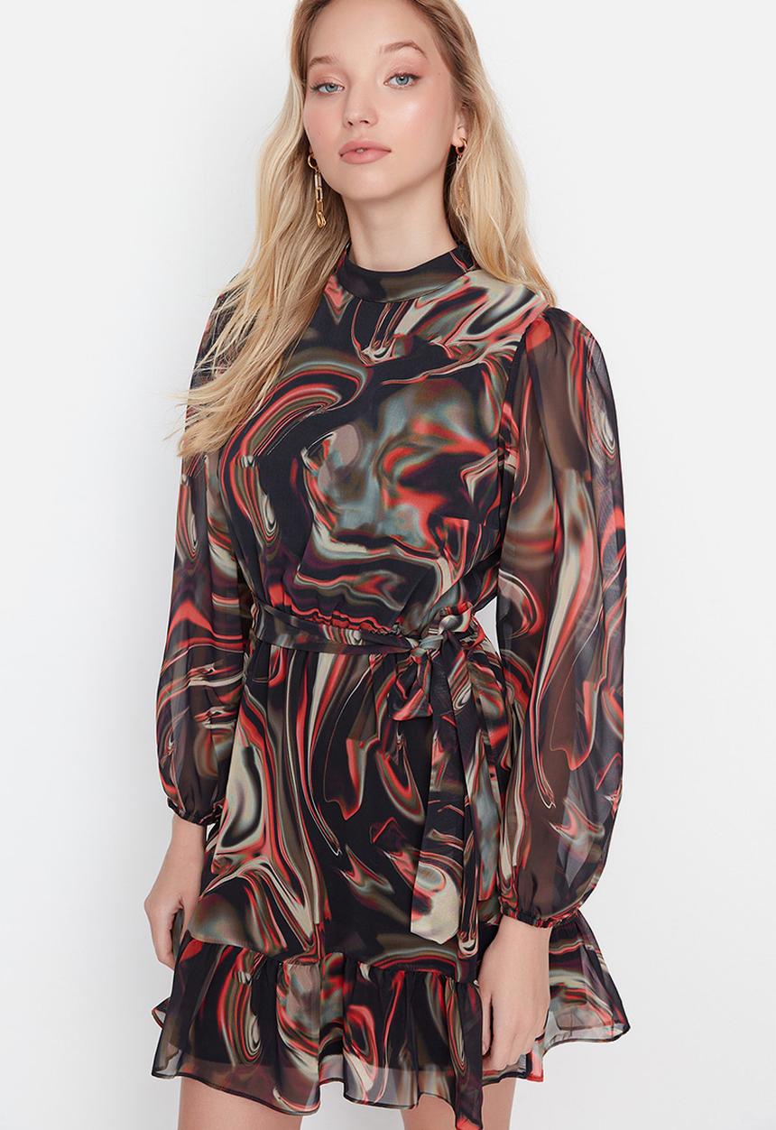 Trendyol - Belted ruffle skater dress - black