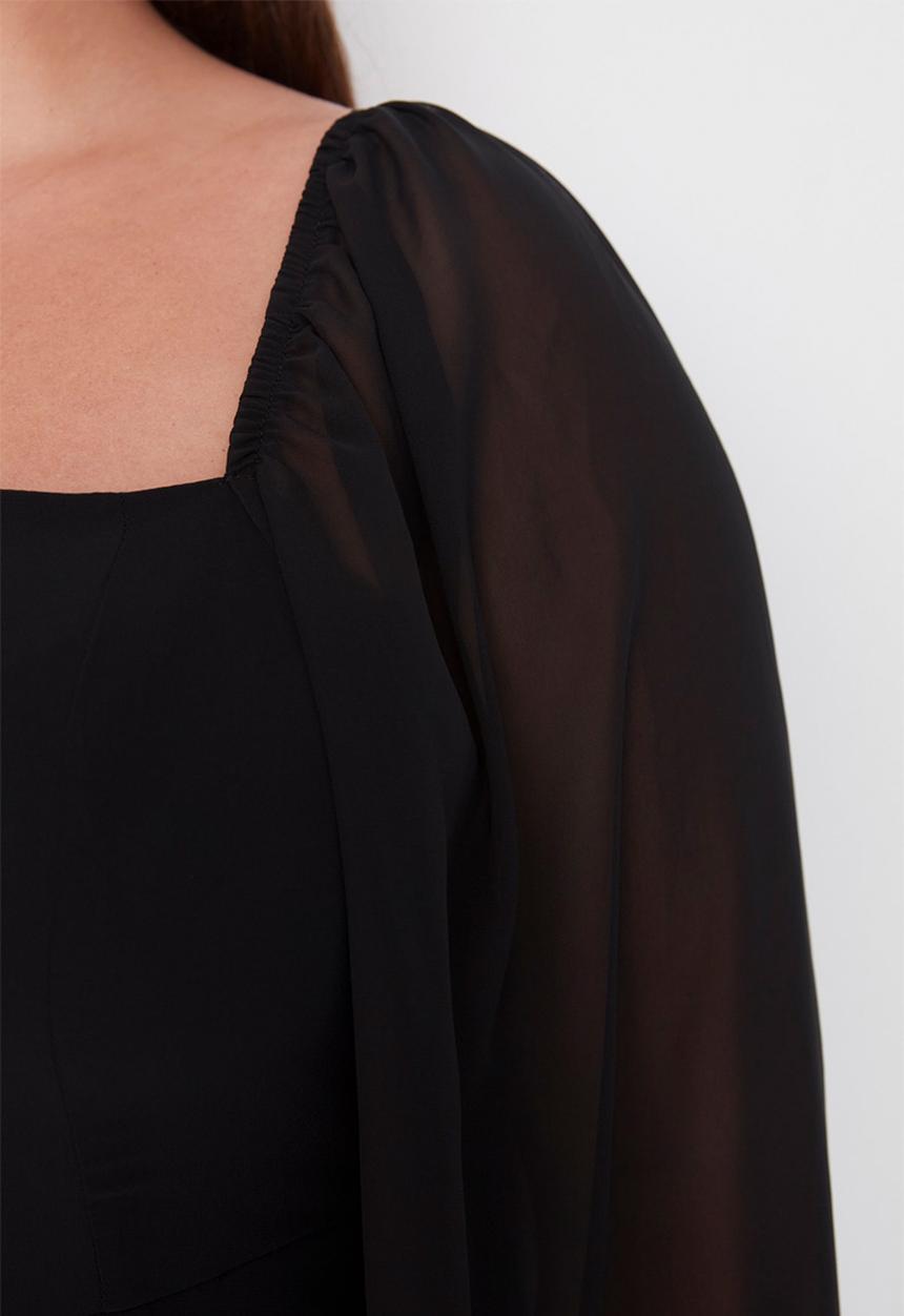 Trendyol - Plus square neck slit chiffon dress - black