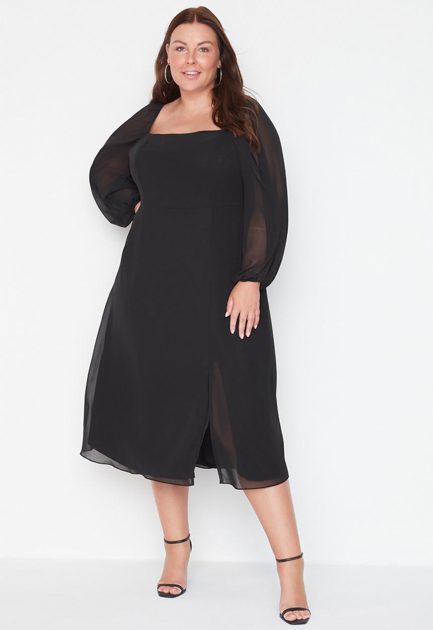 Trendyol - Plus square neck slit chiffon dress - black
