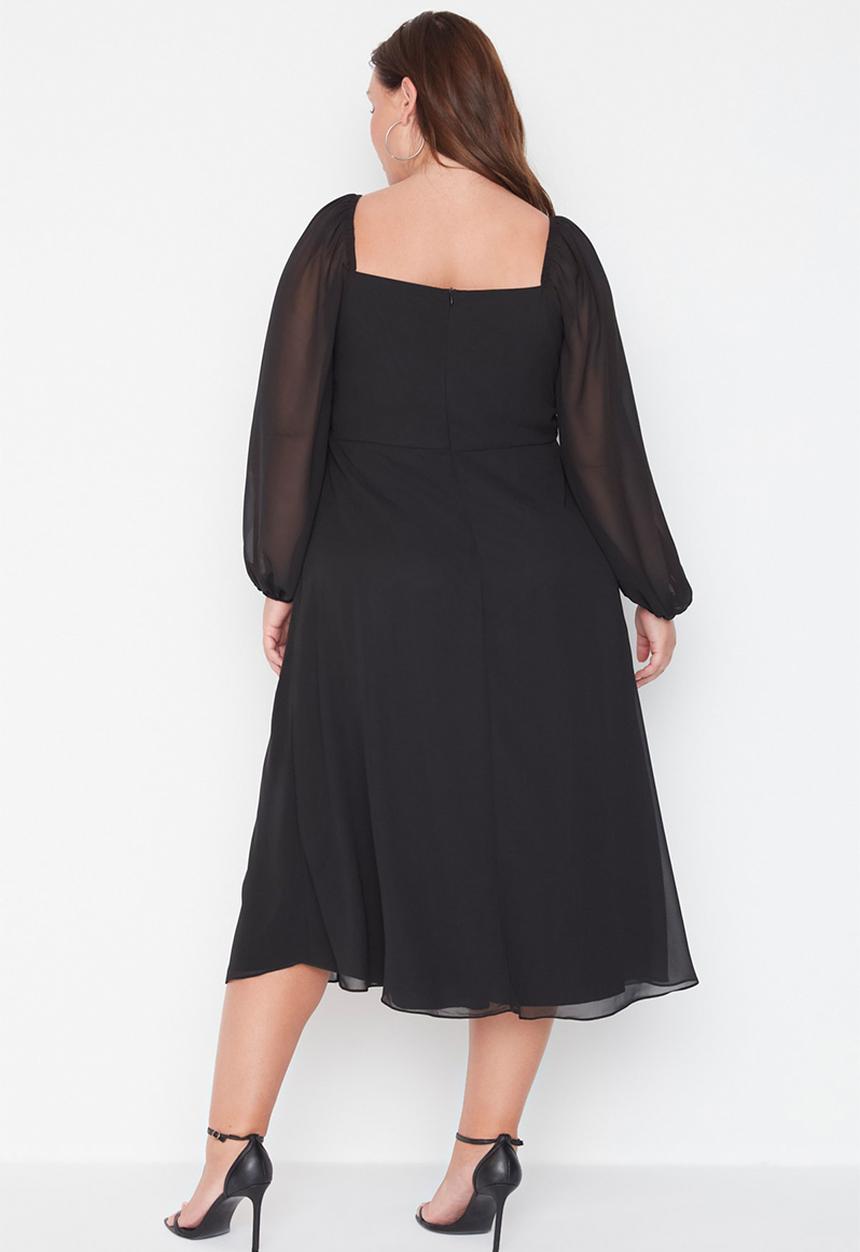 Trendyol - Plus square neck slit chiffon dress - black