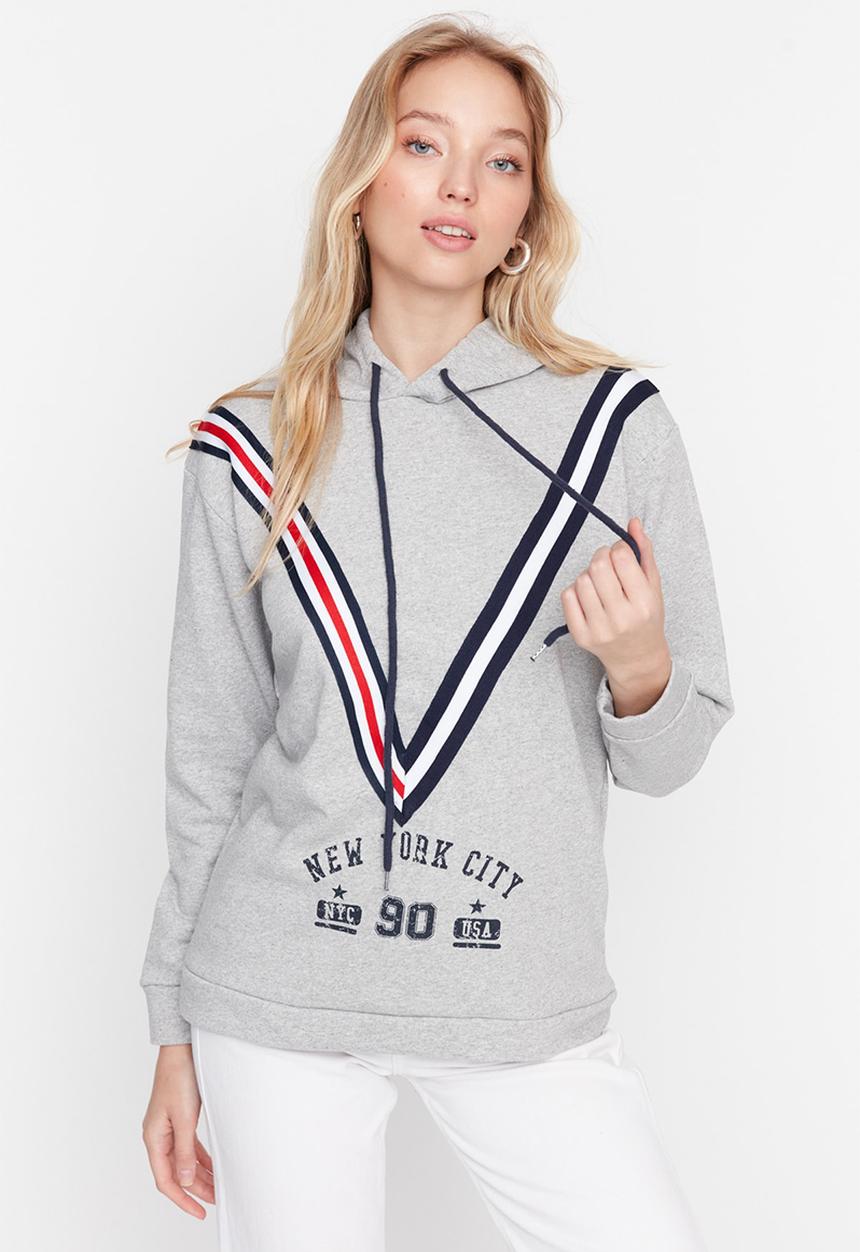 Trendyol - Stripe detailed printed hooded sweatshirt - grey