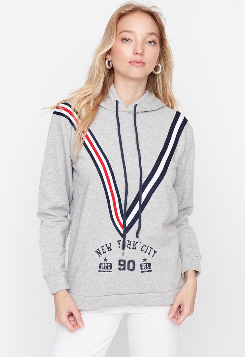 Trendyol - Stripe detailed printed hooded sweatshirt - grey
