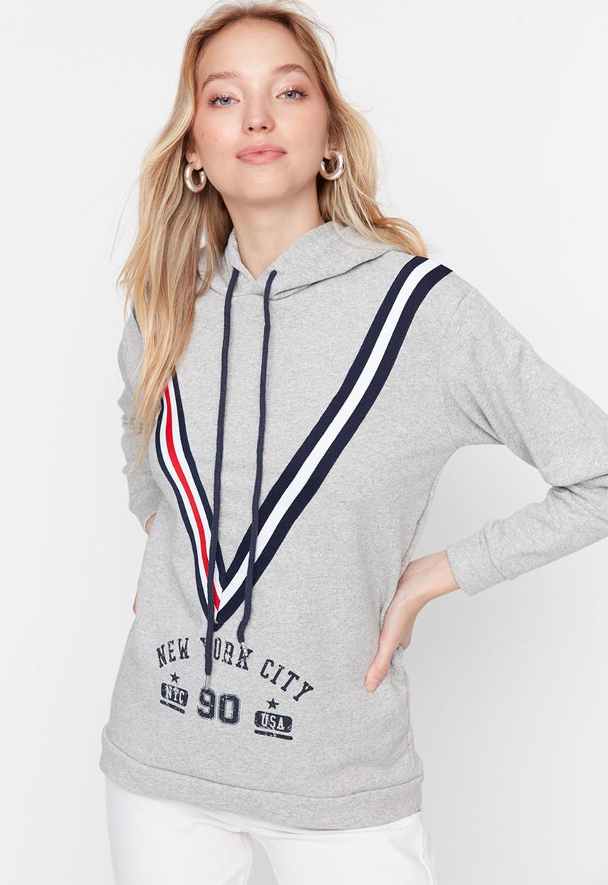 Trendyol - Stripe detailed printed hooded sweatshirt - grey