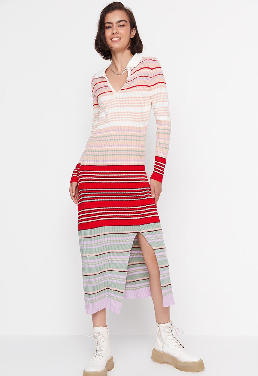 Trendyol - Striped polo slit sweater dress - pink