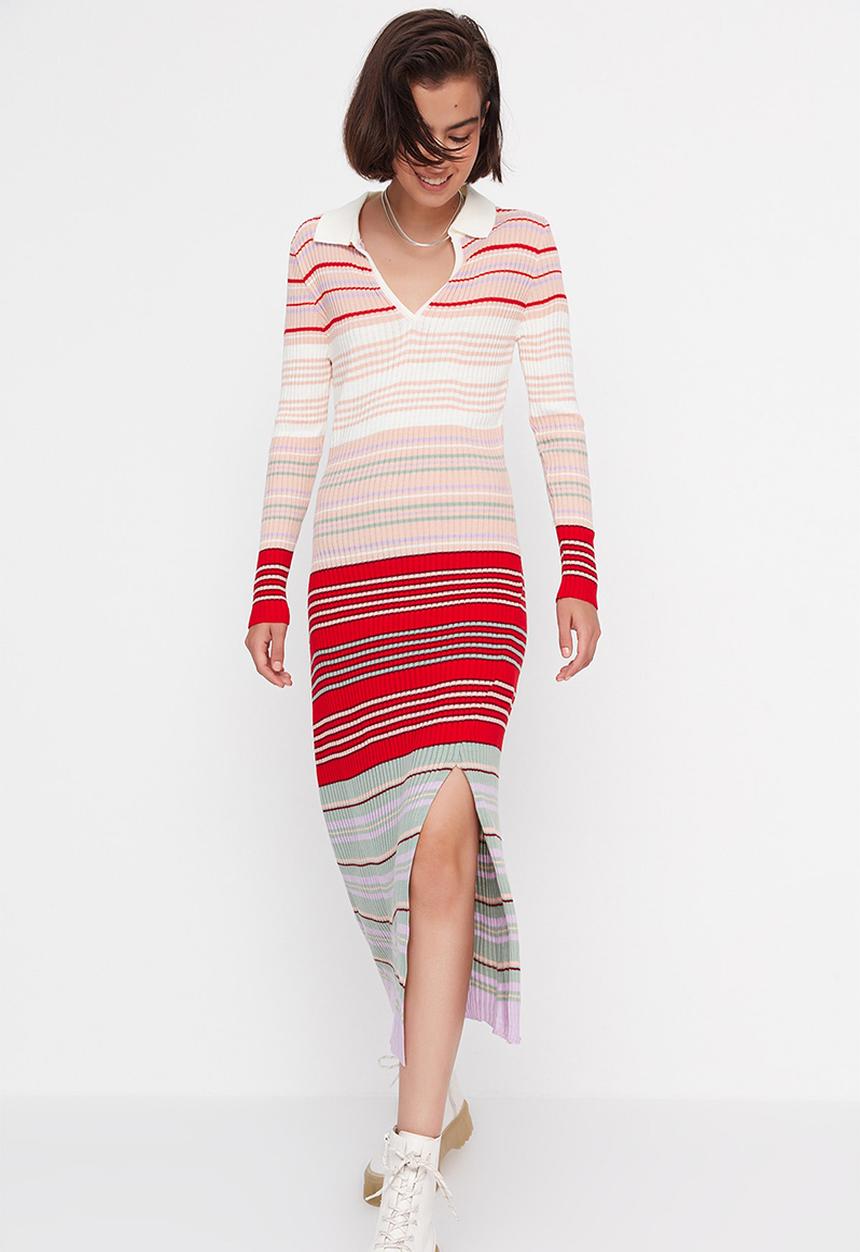 Trendyol - Striped polo slit sweater dress - pink