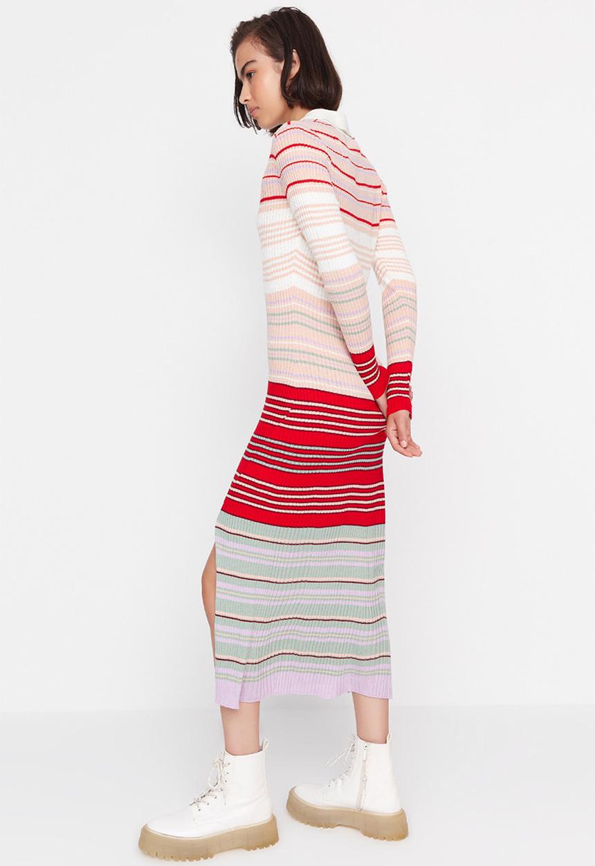 Trendyol - Striped polo slit sweater dress - pink
