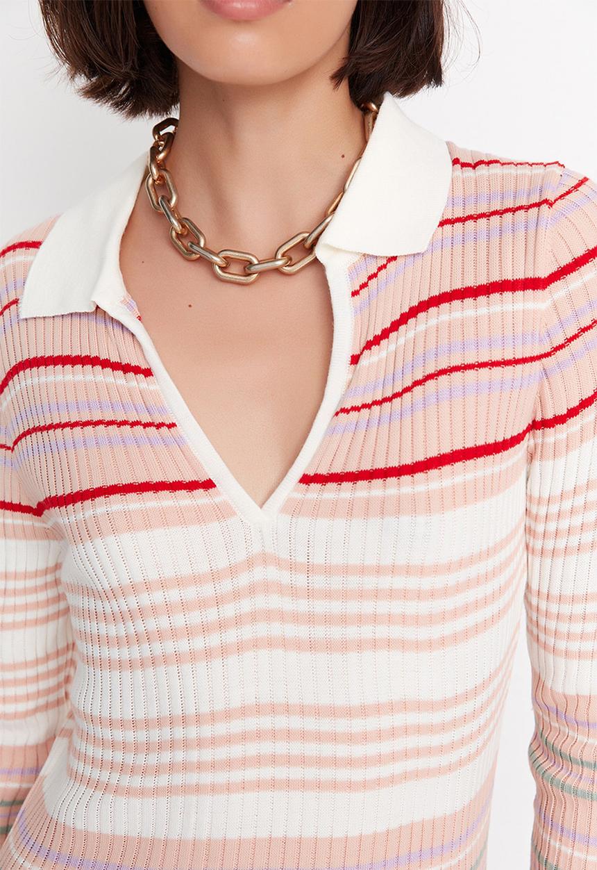 Trendyol - Striped polo slit sweater dress - pink