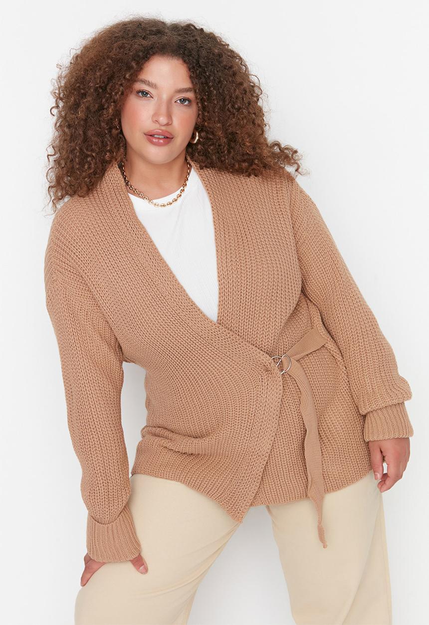 Trendyol - Plus tie waist wrap cardigan - brown