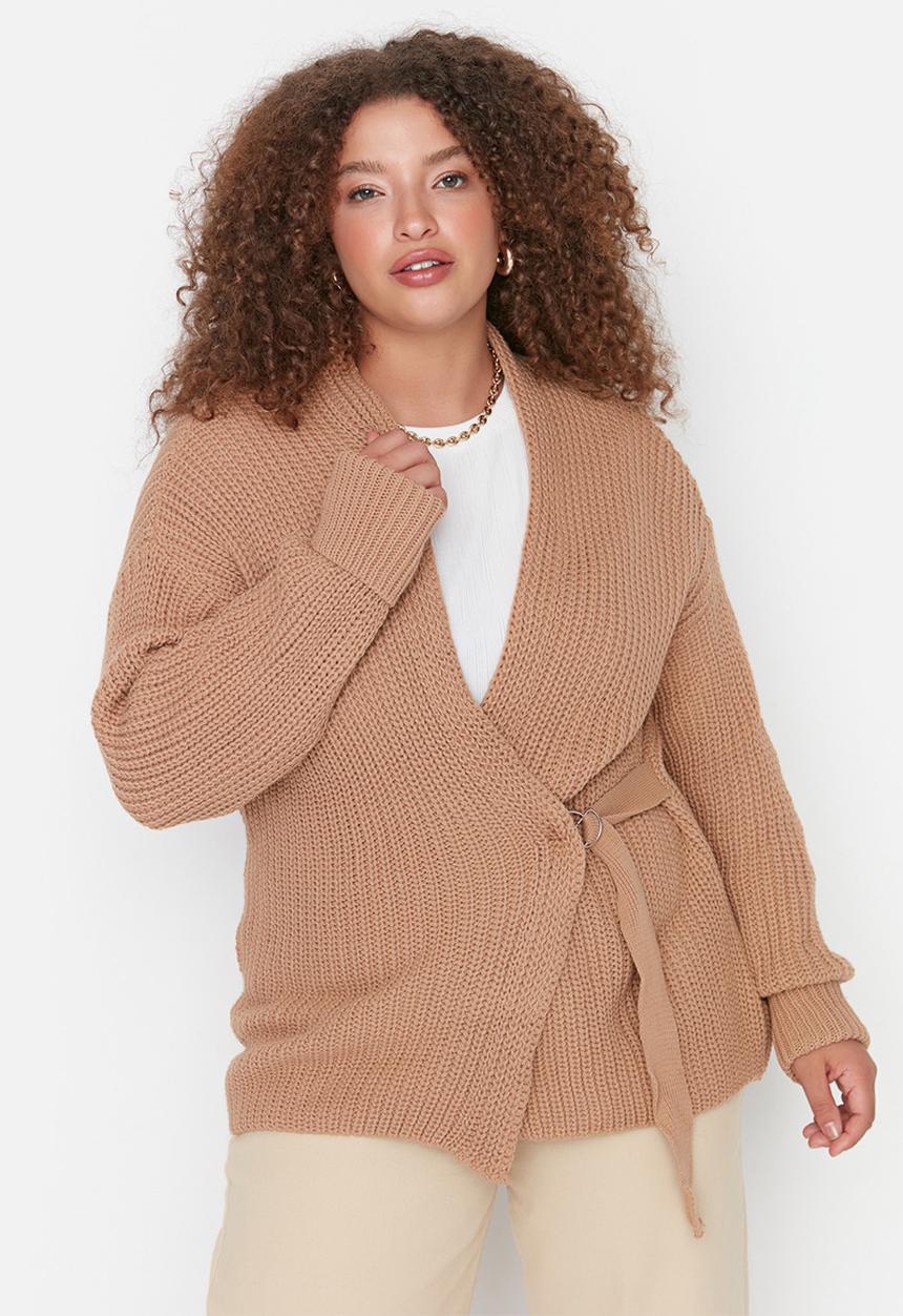 Trendyol - Plus tie waist wrap cardigan - brown