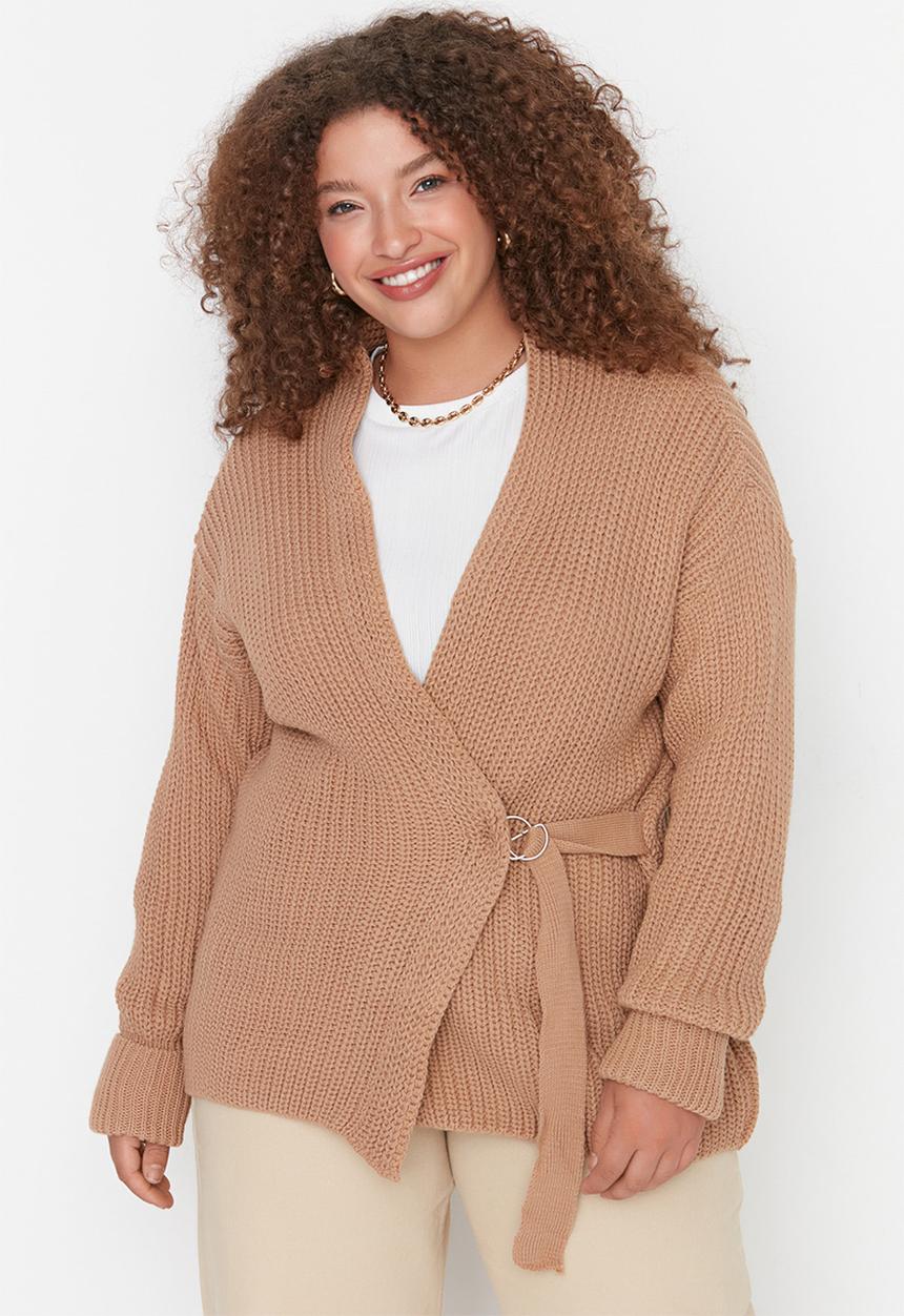 Trendyol - Plus tie waist wrap cardigan - brown